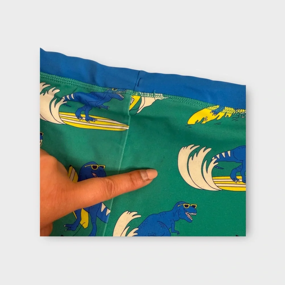 Mini Boden Blue Dinosaur Surf Wave Pattern Green Swim Shorts